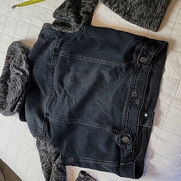Free People Distressed Denim Jacket with Knit Sleeves and Detachable Hoodie - Picture 8 of 9